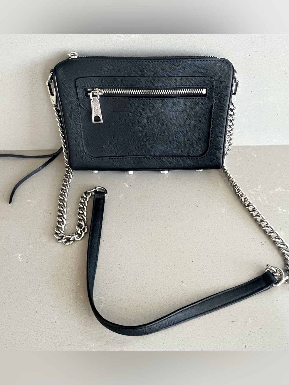 Rebecca Minkoff Avery Black Saffiano Leather Crossbody Bag Silver Hardware Chain - Picture 2 of 11